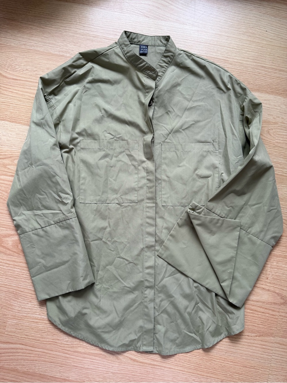 SHEIN Womens Olive Green Lightweight Mandarin Collar Button Up Shirt Size Small